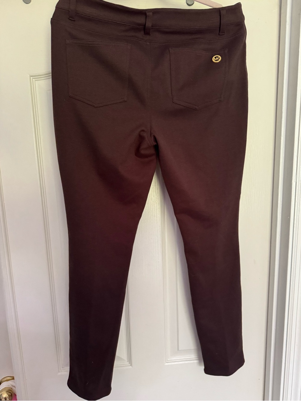 Michael Kors Brown Ponte Pants with Gold Logo Button - Picture 2 of 5